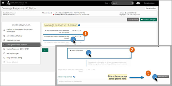 Screenshot of Coverage Response with steps for denial of liability coverage